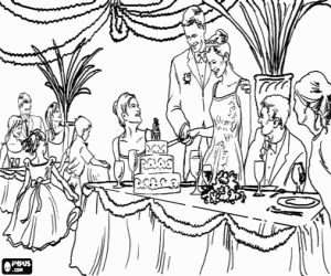 Colorear Los novios cortando la tarta nupcial en el banquete de boda