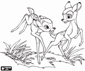 Colorear Los peque�os cervatillos Bambi y Faline saltando alegremente por el bosque