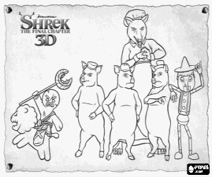 Colorear Los personajes de los cuentos ayudan a Shrek y a los ogros en la pel�cula Shrek 4