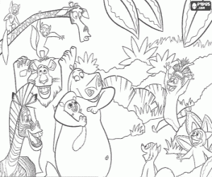 Colorear Los protagonistas de los aventuras recibidos por los lemures en la selva de Madagascar