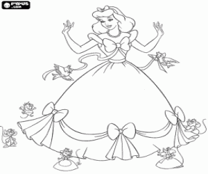 Colorear Los ratoncitos y los pajaritos ayudando a la Cenicienta con su precioso vestido para la fiesta