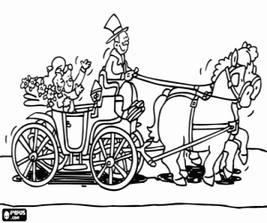 Colorear Los reci�n casados saliendo de la ceremonia en un carruaje de caballos