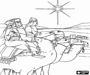 Colorear Los Reyes Magos con sus camellos llegando a Bel�n tras seguir la Estrella de Navidad