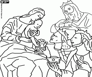 Colorear Los Reyes Magos entregando sus ofrendas, oro, incienso y mirra, al Ni�o Jes�s en brazos de su madre Maria