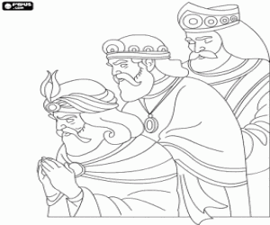 Colorear Los Reyes Magos, Melchor, Gaspar y Baltasar, adorando al Ni�o Jes�s