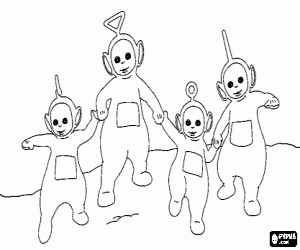 Colorear Los Teletubbies andando juntos agarrados de las manos: Laa-Laa, Tinky Winky, Po y Dipsy