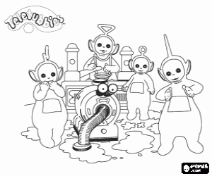 Colorear Los Teletubbies con Noo-noo haciendo la limpieza de la casa