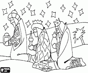 Colorear Los tres Magos de Oriente entregando sus regalos, oro, incienso y mirra, al Ni�o Jes�s 