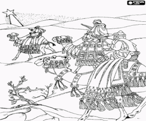 Colorear Los Tres Reyes de Oriente en camino sobre sus camellos gui�ndose por la Estrella de Bel�n