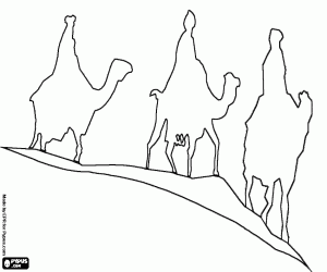 Colorear Los tres Reyes Magos a lomos de los camellos en su camino hacia Bel�n