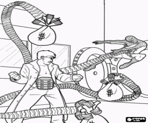 Colorear Lucha entre Spiderman y los brazos articulados del Doctor Pulpo para intentar evitar el robo de la caja fuerte del banco