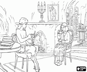 Colorear Lucy Pevensie tomando el t� en casa del fauno Sr. Tumnus 
