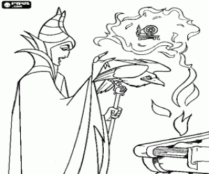 Colorear Mal�fica, el hada mala preparando a su cuervo Diablo para buscar a Aurora y poder llevar a cabo su maldici�n