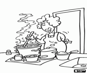 Colorear Mam� cocinando, cocinera haciendo la comida