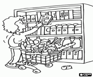Colorear Mam� haciendo la compra en el supermercado con el carrito lleno de comida
