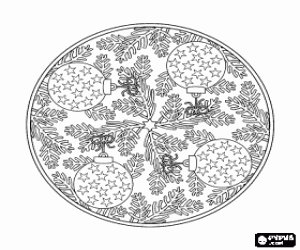 Colorear Mandala con decoraci�n navide�a de hojas de abeto y bolas con estrellas