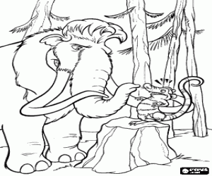 Colorear Manfred, Manny, el mamut se encuentra con Scrat la ardilla en el bosque