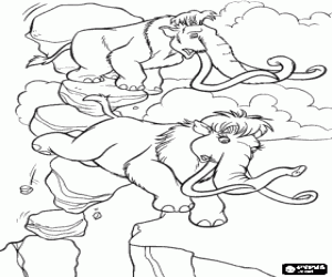 Colorear Manny y Ellie, los mamuts huyendo asustados del derrumbe de la monta�a 