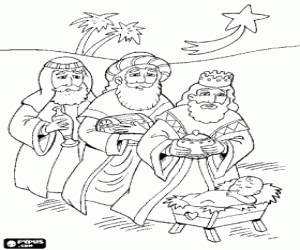 Colorear Melchor, Gaspar y Baltasar ofreciendo sus regalos ante el Ni�o Jes�s bajo la luz de la estrella de Navidad