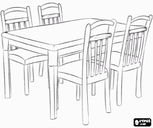 Colorear Mesa de comedor con cuatro sillas, todo en madera