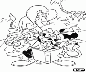 Colorear Mickey con sus amigos Goofy y Donald en la selva con un le�n detr�s