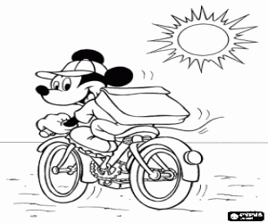 Colorear Mickey Mouse montando en bicicleta con la gorra bajo un fuerte sol