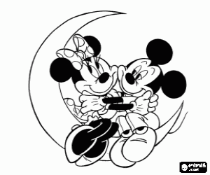 Colorear Mickey y Minnie Mouse enamorados y abrazados en la luna