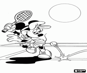 Colorear Minnie Mouse jugando a tenis, en el momento de golpear la bola con la raqueta