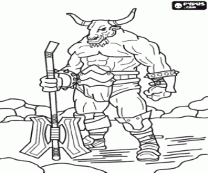 Colorear Minotauro - Monstruo gigante con cuerpo humano y cabeza de toro armado como un guerrero