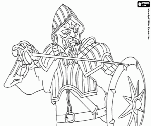 Colorear Miraz, el falso rey de Narnia y t�o de Caspian, en un combate con la espada y el escudo