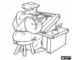 Colorear Monje copista trabajando con un c�lamo de pluma y la tinta sobre un pergamino o papel en el scriptorium
