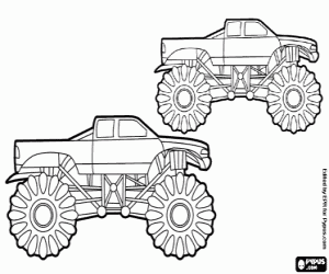 Colorear Monster Trucks en una competici�n, camionetas pickups con ruedas enormes