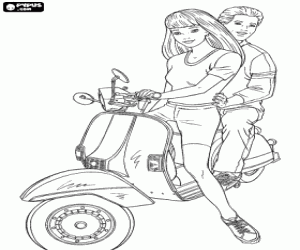 Colorear Moto scooter con chica y chico - Barbie y Ken