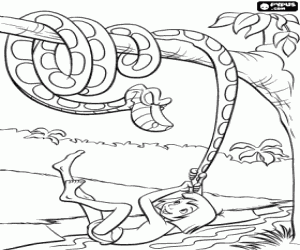 Colorear Mowgli tirando de la cola de la serpiente Kaa