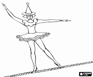 Colorear Muchacha funambulista con vestido de bailarina y con sombrero de cucurucho caminando sobre la cuerda