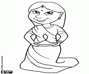 Colorear Mujer arrodillada con una l�mpara de aceite en la mano en la celebraci�n del Diwali