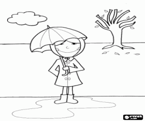 Colorear Ni�a con botas de agua, impermeable y paraguas en un paisaje oto�al con un �rbol de hoja caduca