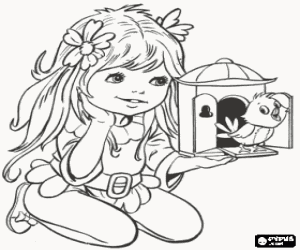 Colorear Ni�a con flores en el pelo observando un pajarito cantando