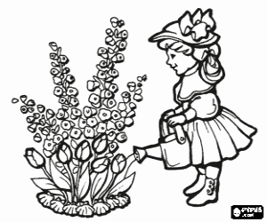 Colorear Ni�a con sombrero regando las flores con una regadera