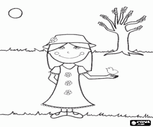 Colorear Ni�a con vestido primaveral con un pajarito en la mano y un �rbol brotando en el fondo
