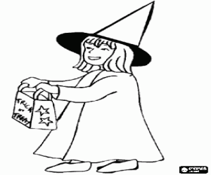 Colorear Ni�a disfrazada de bruja haciendo el truco o trato en Halloween 