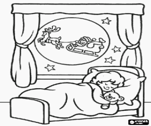 Colorear Ni�a durmiendo feliz la noche de Navidad mientras Pap� No�l pasa volando con su trineo m�gico por delante de su ventana