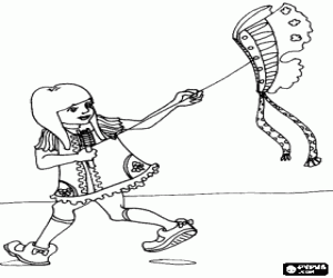 Colorear Ni�a haciendo volar una cometa, un volant�n, un barrilete, un pandorga o un papalote 