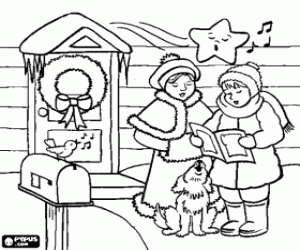Colorear Ni�as con su perro cantando villancicos frente a una casa