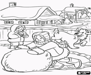 Colorear Ni�as con un perro jugando con la nieve haciendo una gran bola en pleno invierno