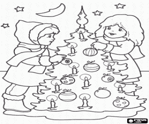 Colorear Ni�as decorando el �rbol de Navidad bajo la luz de la luna y de las estrellas