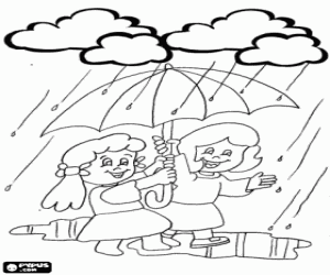Colorear Ni�as paseando bajo la lluvia con su paraguas 
