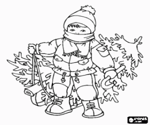 Colorear Ni�o abrigado con gorro y bufanda arrastrando un �rbol de Navidad en un trineo