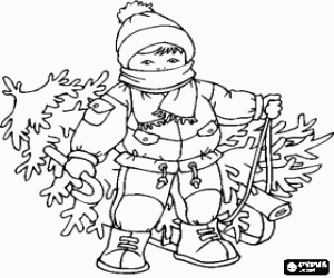 Colorear Ni�o abrigado con gorro y bufanda arrastrando un �rbol de Navidad