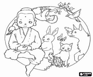 Colorear Ni�o Buda o Budha con los animales